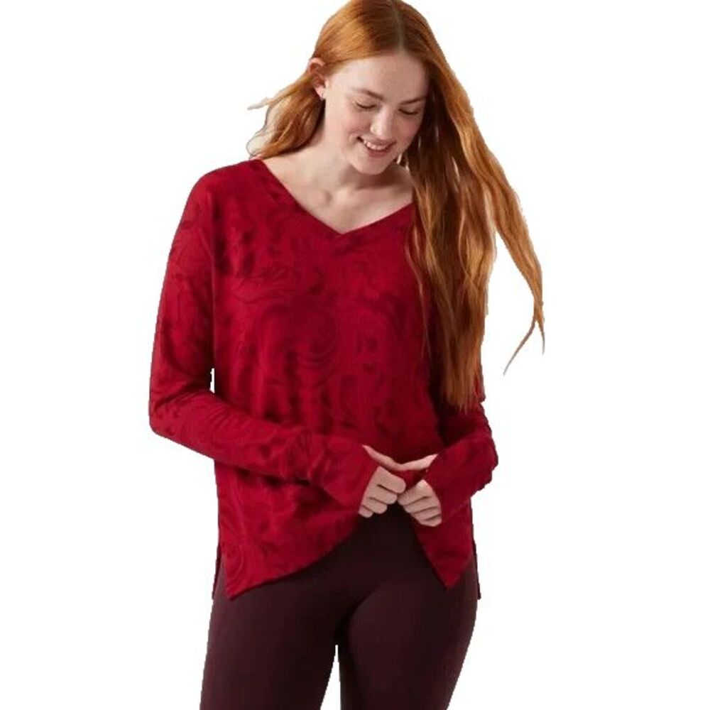 Athleta Womens Coaster Luxe Sweatshirt Large Red Paisley Pullover Athleisure Top